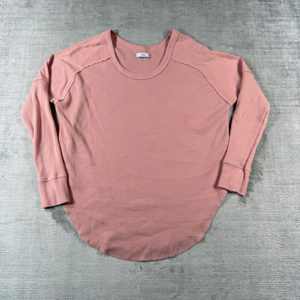 Tna Shirt Womens XS Pink Waffle Knit Thermal Long Sleeve Relaxed Curved Hem Crew